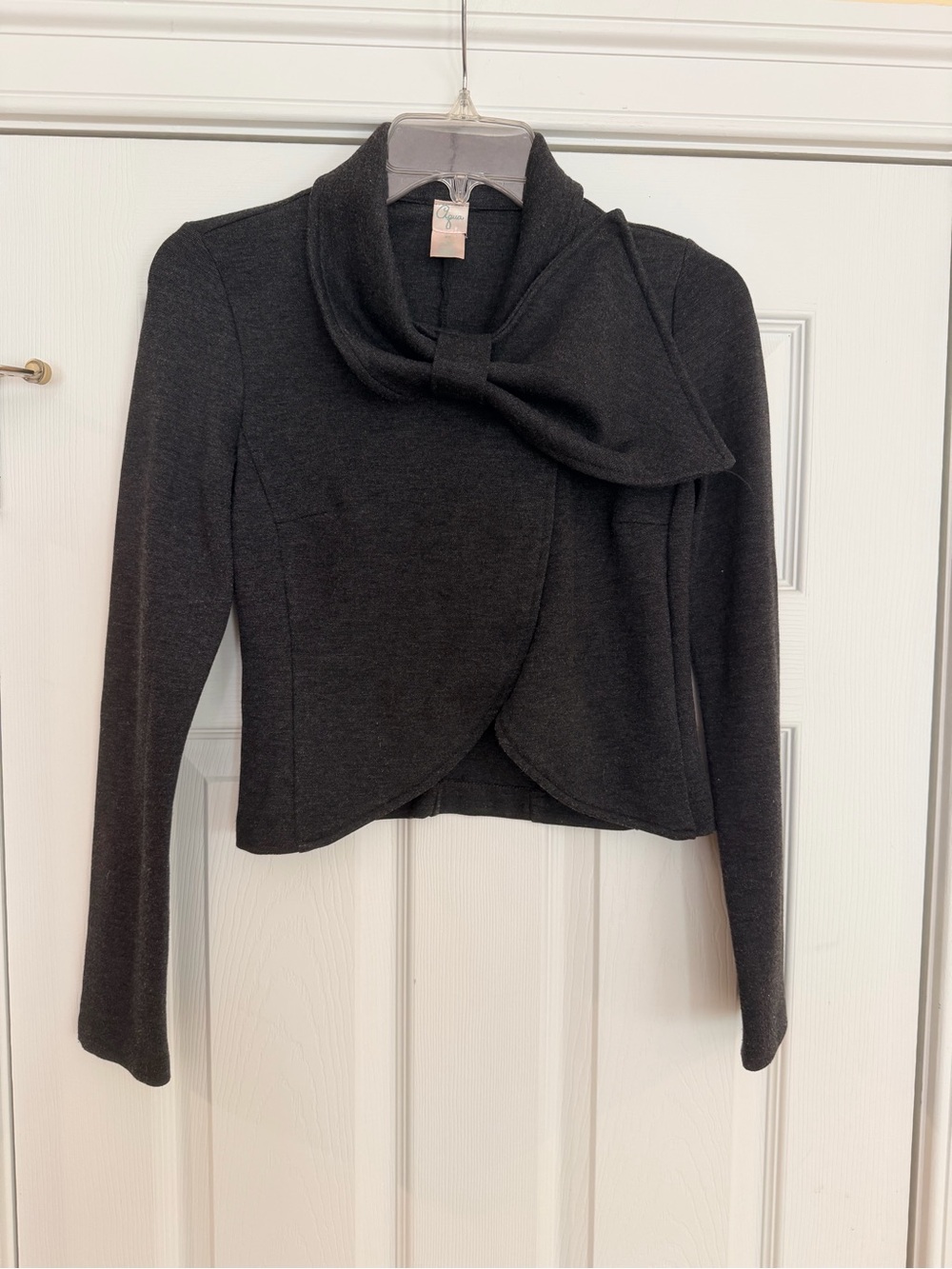 Ladies Size XS "Aqua" Gray Bow-Accent Cropped Cardigan GUC